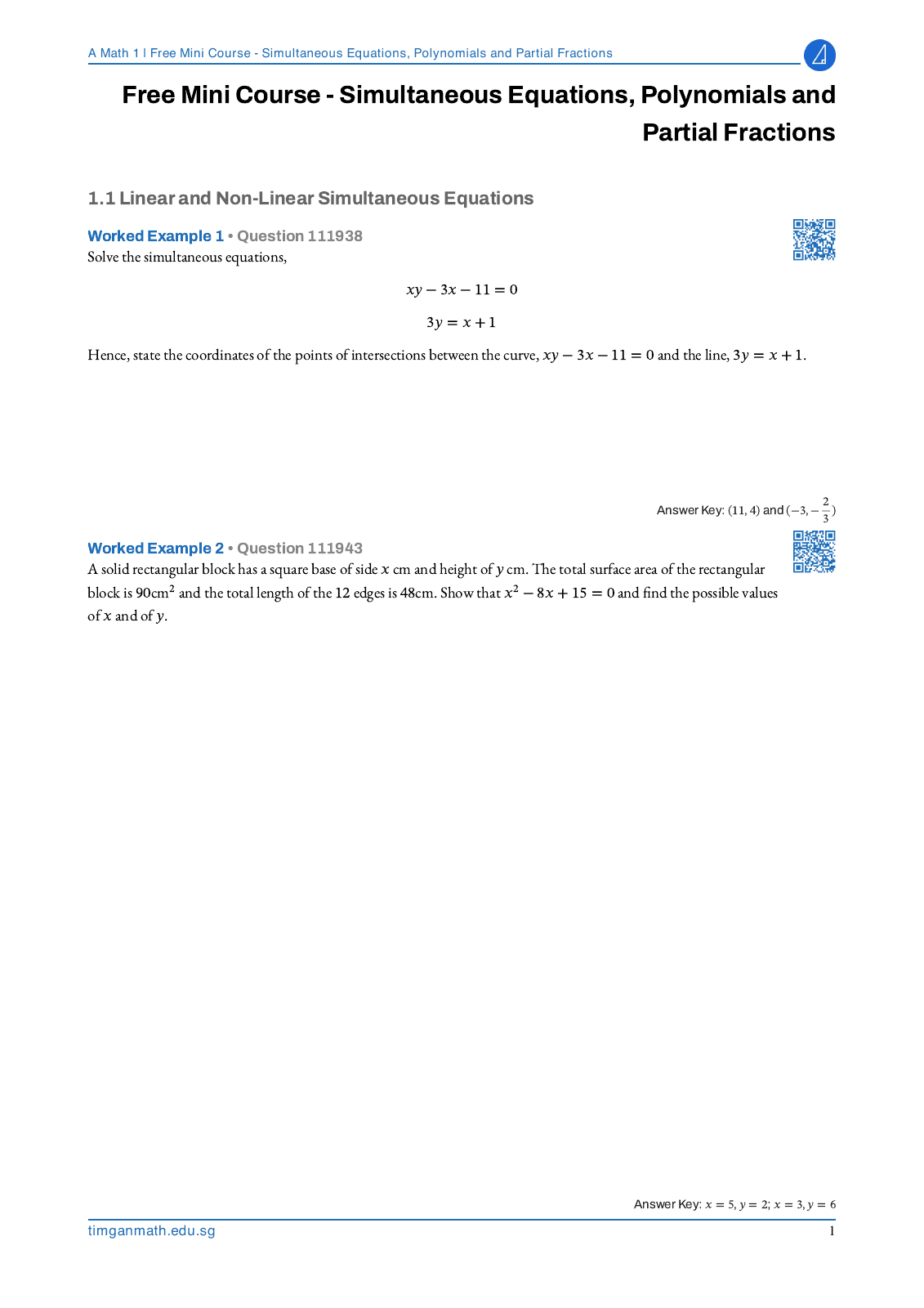 Simultaneous equations and worked examples, with QR links to video explanations.