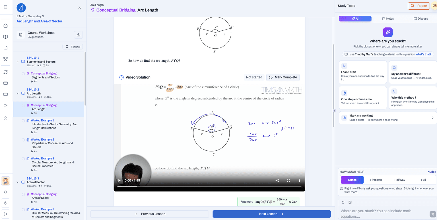 E Math Arc Length lesson in TGM Study Hub, with course navigation, a handwritten video solution and AI study support